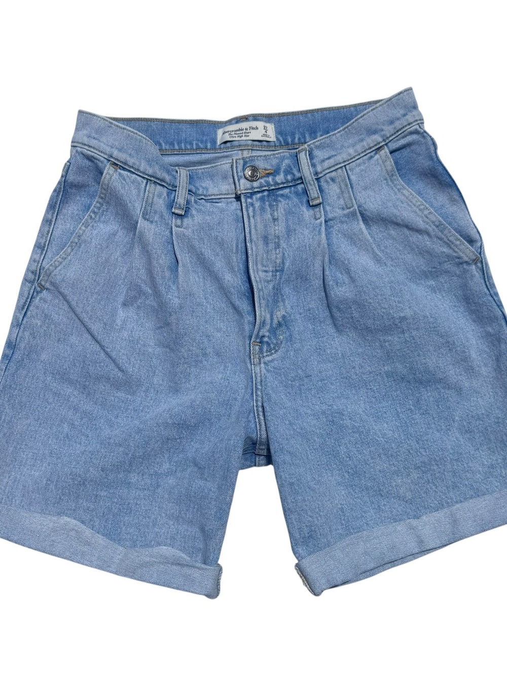 Abercrombie & Fitch Light Blue High-Waist Pleated Denim Shorts